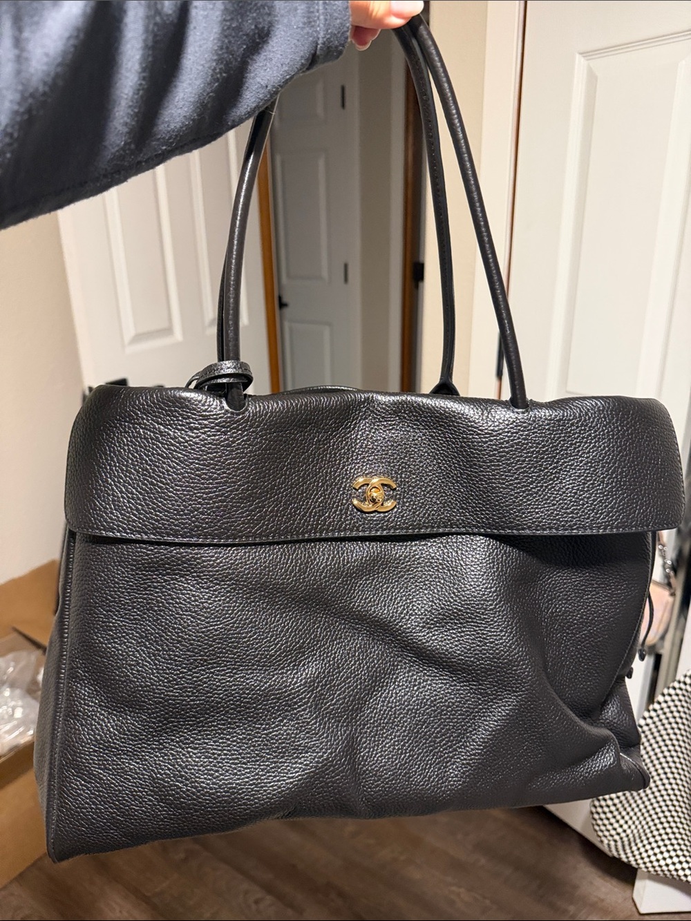 Large Black Leather Top-Handle Tote maxi flap